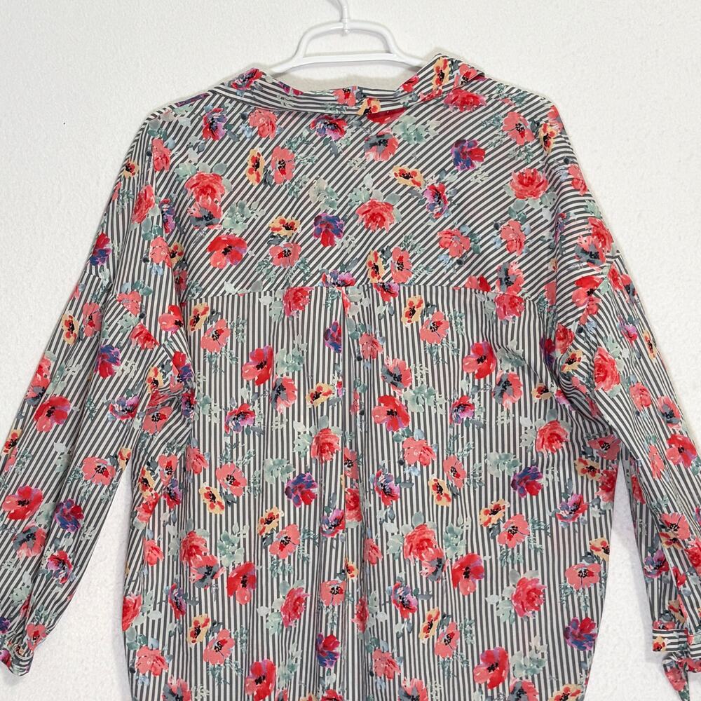 Sanctuary Button Down Shirt Womens Medium Pink Gray Striped Floral Tunic Blouse - Picture 10 of 14